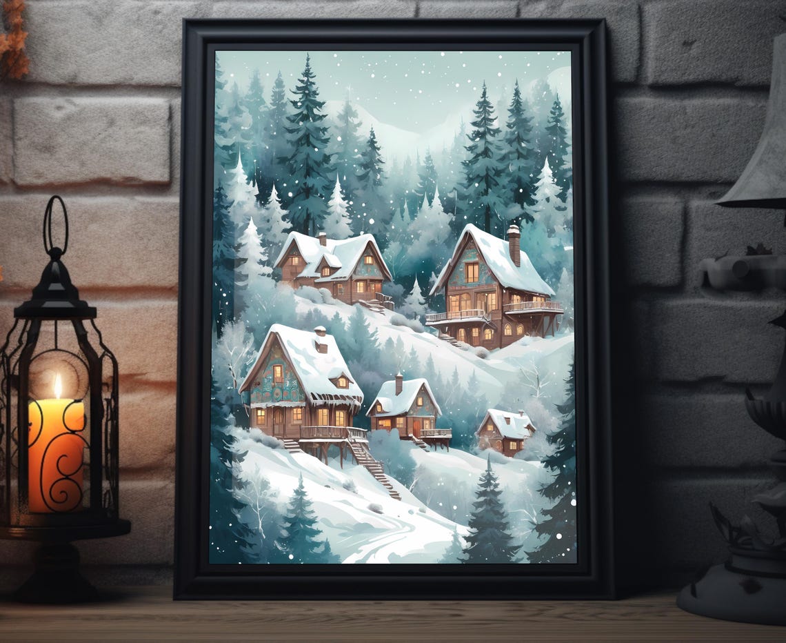 Snowy Mountain Cabins Forest Winter Wonderland Rustic Wall Poster