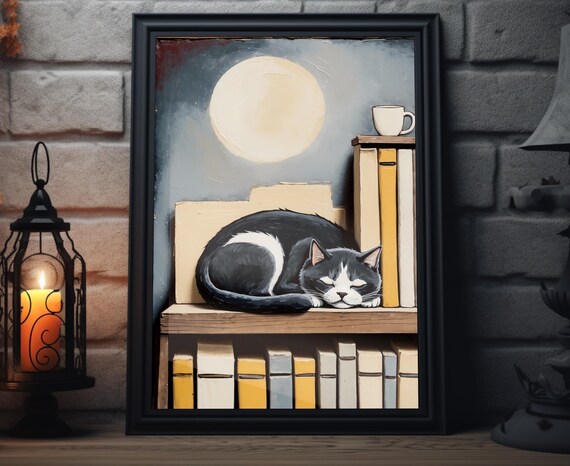 Sleeping Cat Moonlit Bookshelf Books Cozy Library Wall Art Print