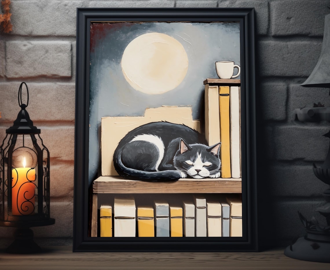 Sleeping Cat Moonlit Bookshelf Books Cozy Library Wall Art Print