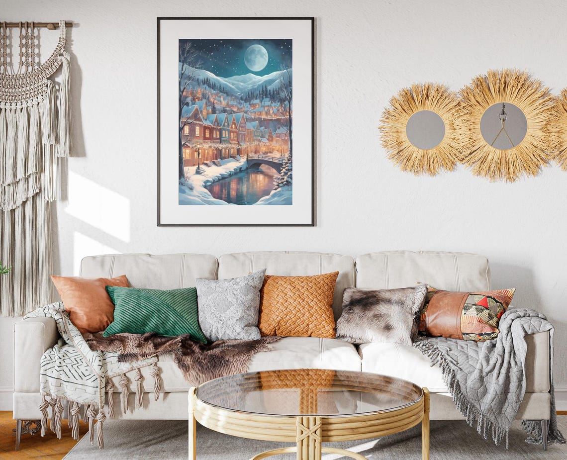 Winter Moonlit Snowy Village With Full Moon Frozen Stream Poster - Image 2