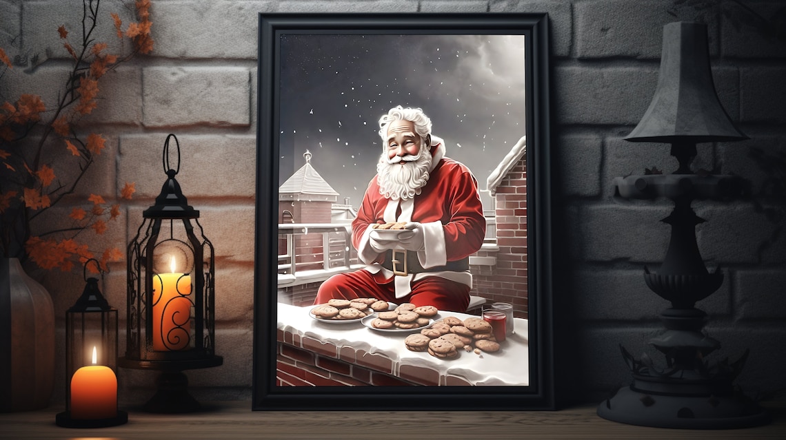 Santa Milk Cookies Rooftop Christmas Eve Vintage Night Poster