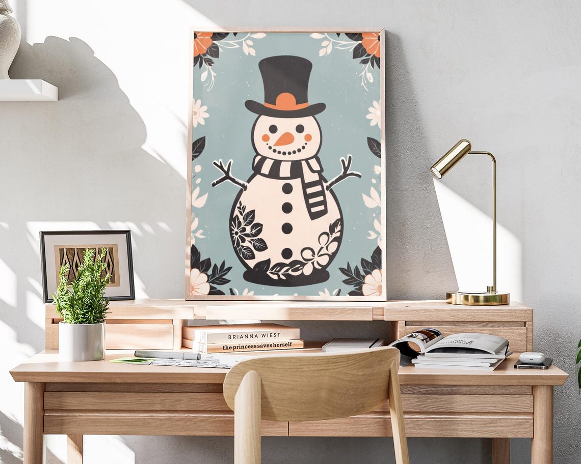 Cute Snowman Top Hat Floral Boho Sage Background Christmas Poster - Image 4