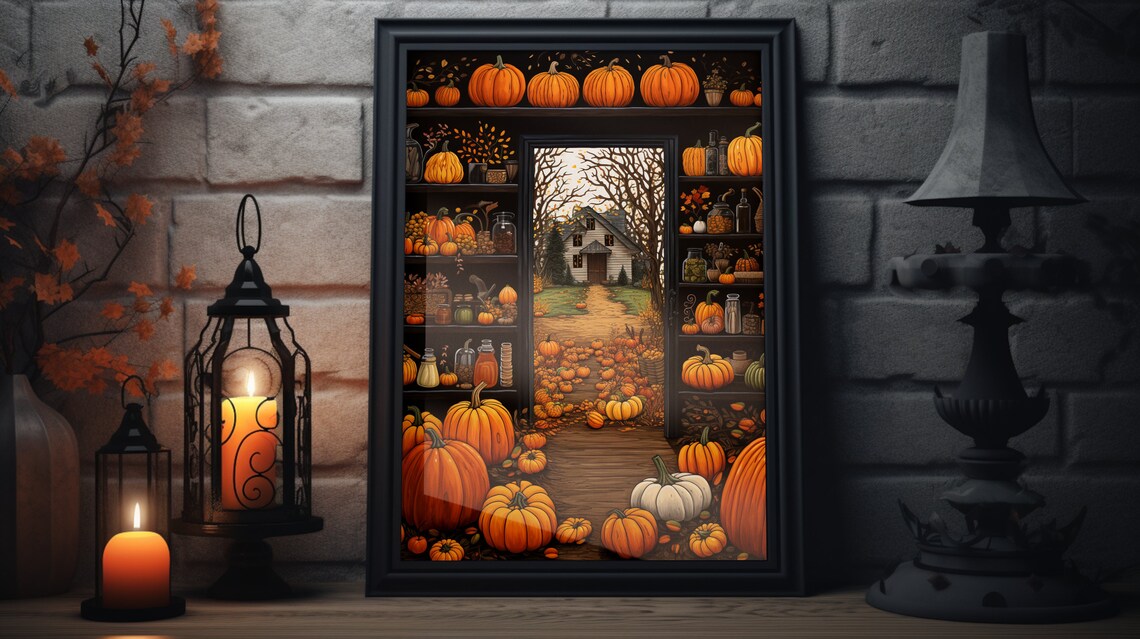 Vintage Thanksgiving Pumpkins Folk Art Print Autumn Harvest Farmhouse Scene Poster