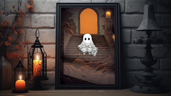 Cute Little Ghost on Stone Steps Sunset Spooky Halloween Poster