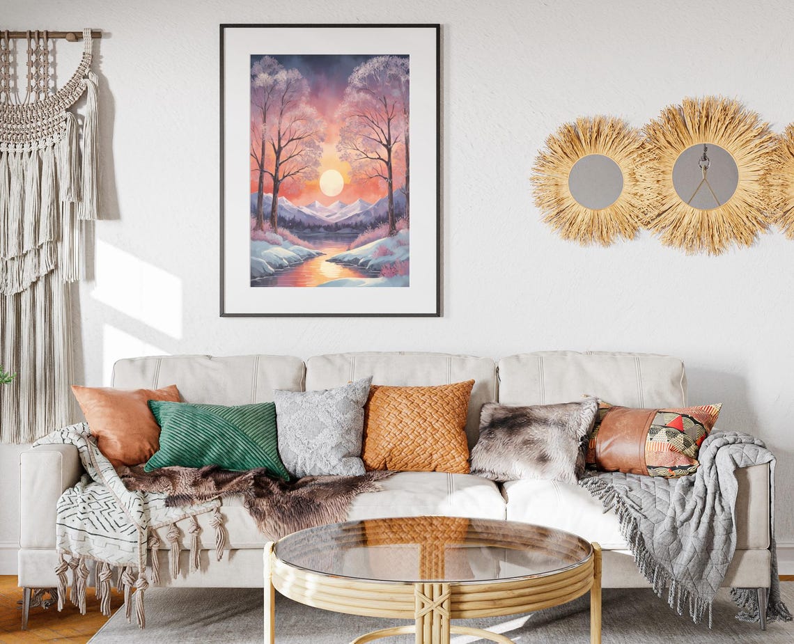 Sunset Winter Landscape Snowy River Frosted Trees Calm Poster - Image 2