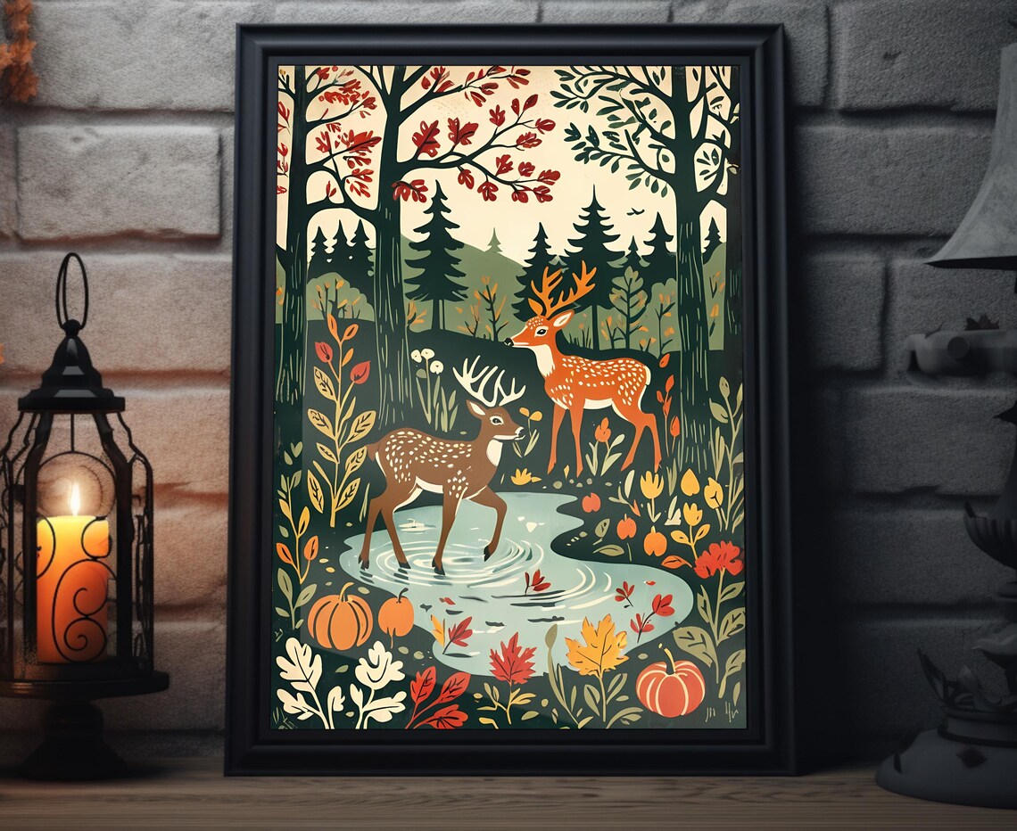 Fall Deer Woodcut, Pumpkin Forest Thanksgiving Art Print