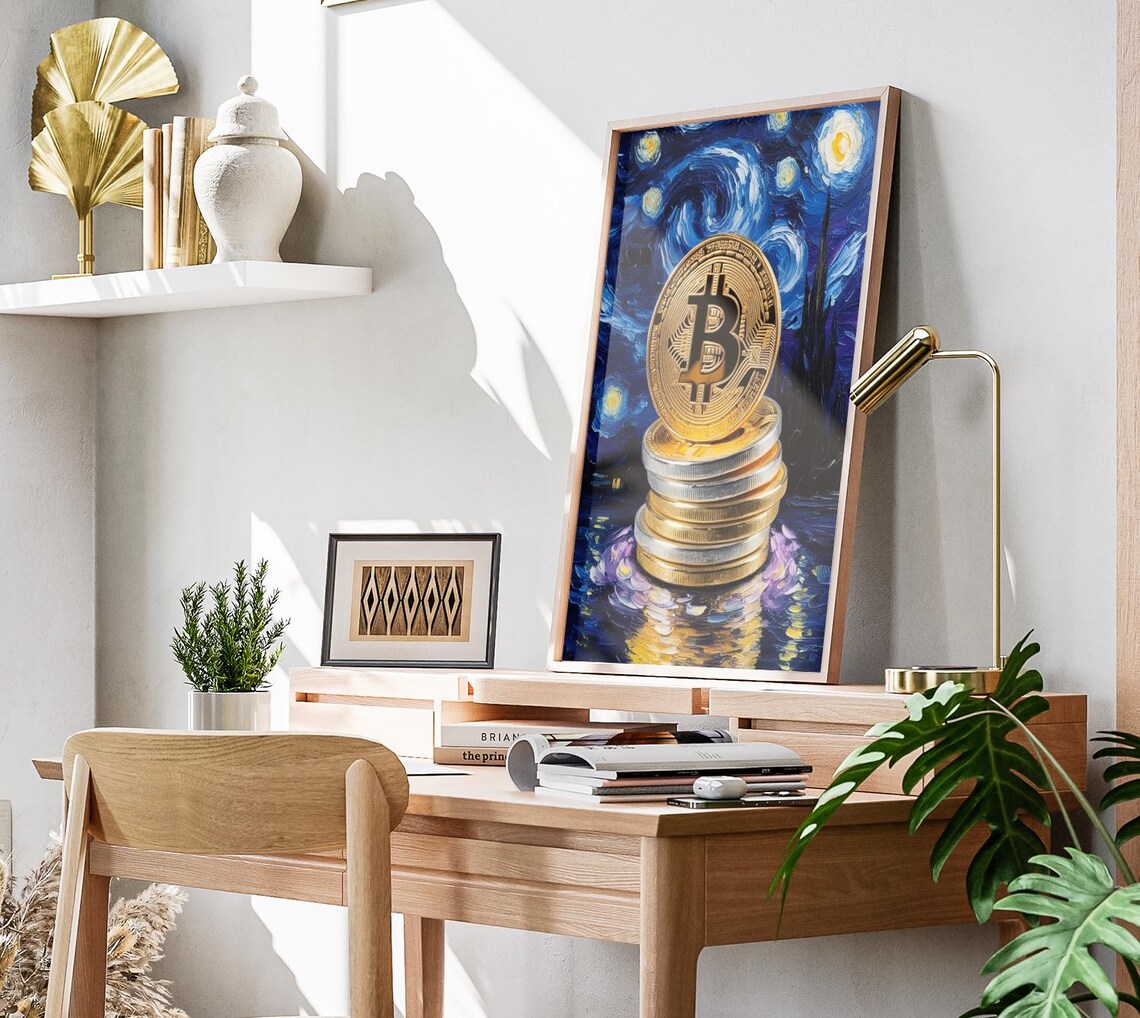 Bitcoin Gold Coins Stack Starry Night Swirl Crypto Wall Art Impressionist Poster - Image 3