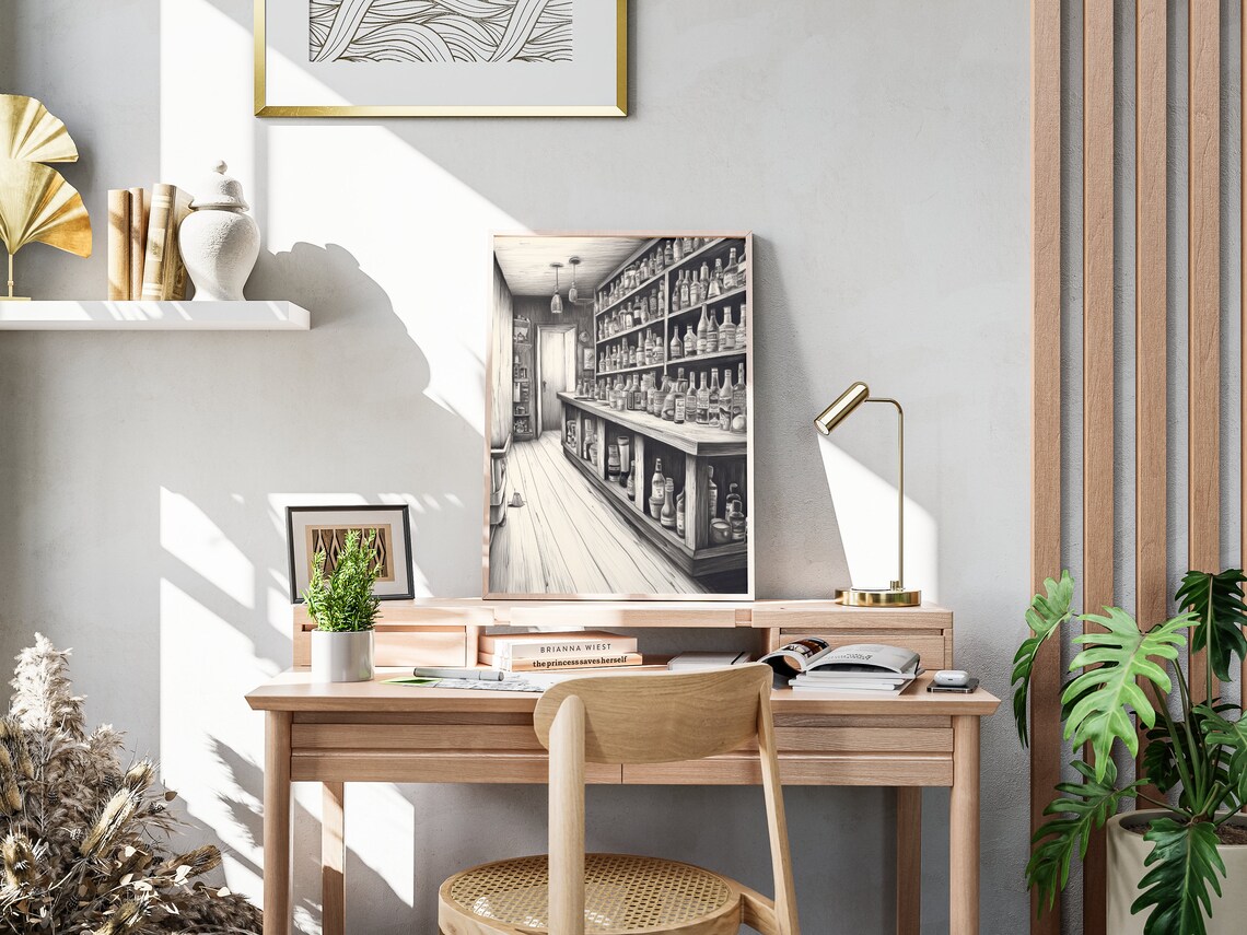 Classic Bar Room Ink Sketch Black White Bottle Shelf Monochrome Wall Poster - Image 4