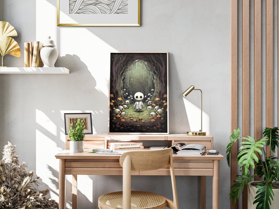 Cute Ghost Child in Spooky Skull Forest Halloween Art Poster - Image 4