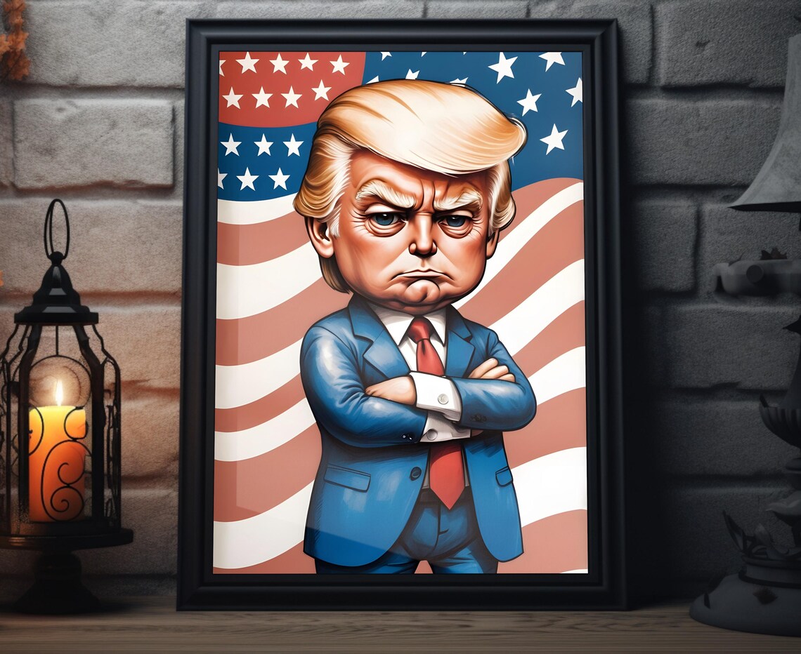 Donald Trump Caricature Stern Pose Waving American Flag Poster Art