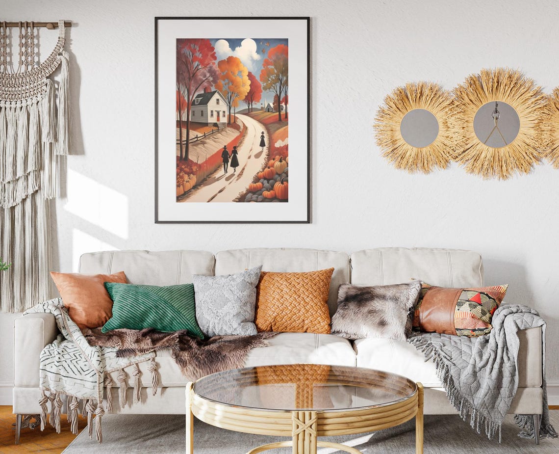 Autumn Walk Folk Art Print Thanksgiving Pumpkin Wall Art Fall Farmhouse Painting Country Lane Decor Cozy Harvest Season Poster Print - Image 2