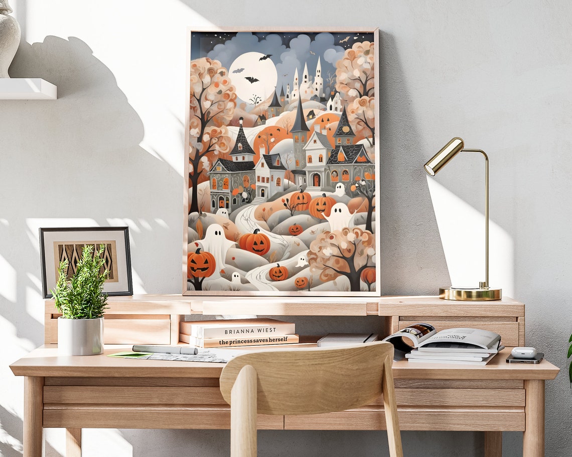 Cute Ghost Town Jack O Lantern Full Moon Vintage Halloween Art Poster - Image 4