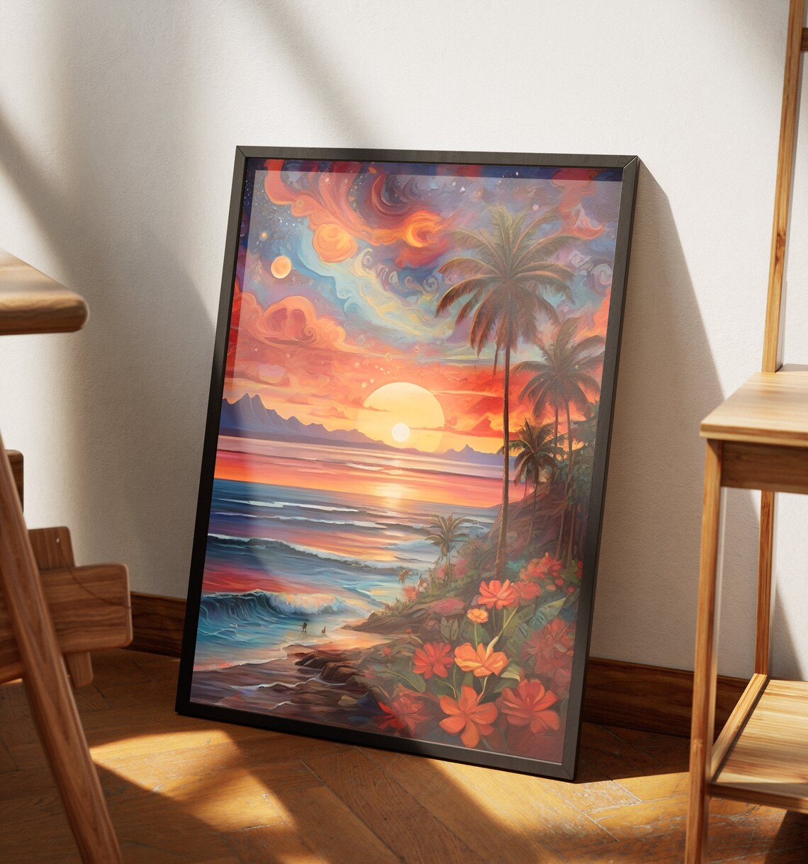 Hawaii Tropical Beach Sunset Palm Trees Starry Swirling Sky Poster - Image 4