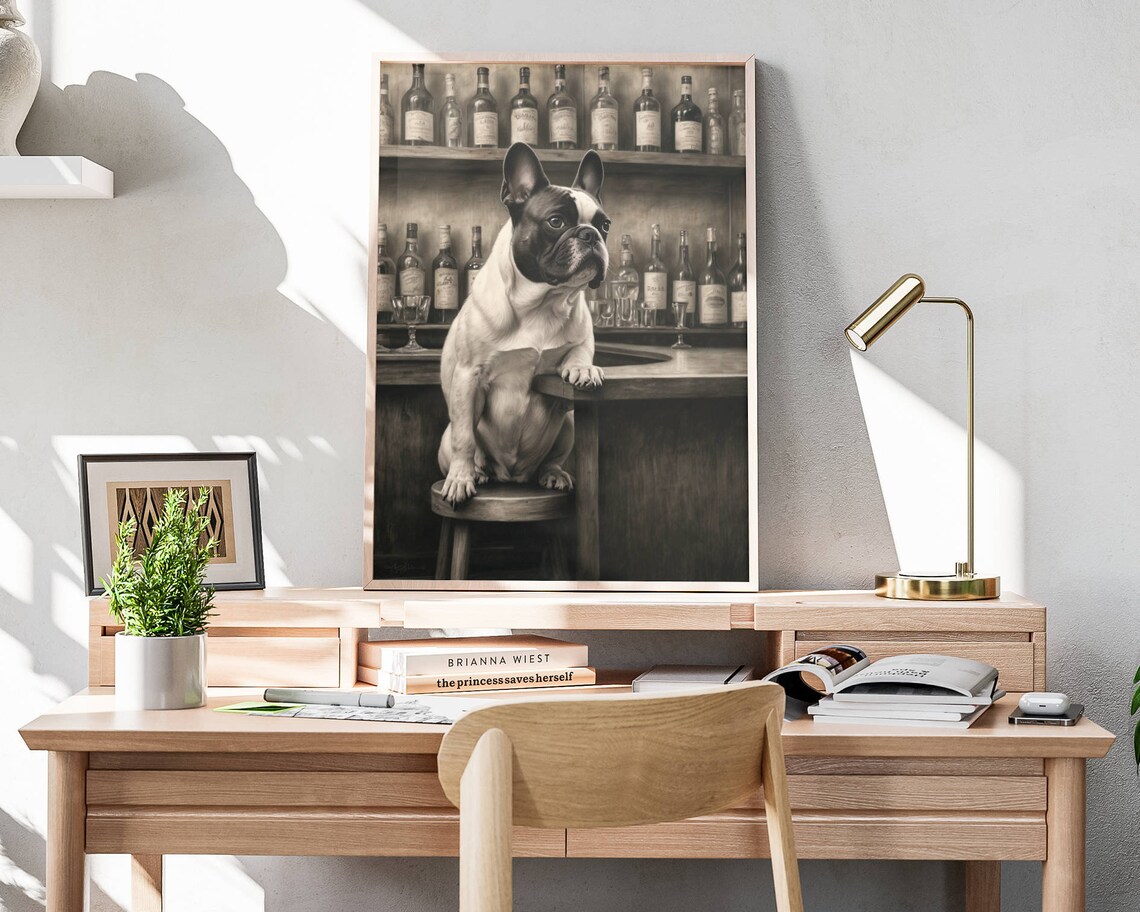 French Bulldog Sitting At Bar Counter Vintage Black White Poster - Image 4