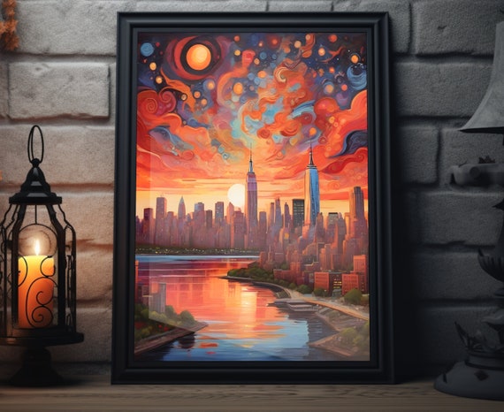 New York Starry Sunset Matte Wall Art New York City Artwork Empire State Print New York Painting Nyc Decor New York Folk Art Poster
