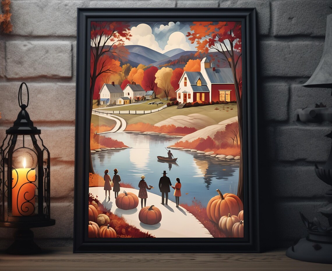 Autumn Lakeview Pumpkins Neighbors Farmhouses Peaceful Lake Poster
