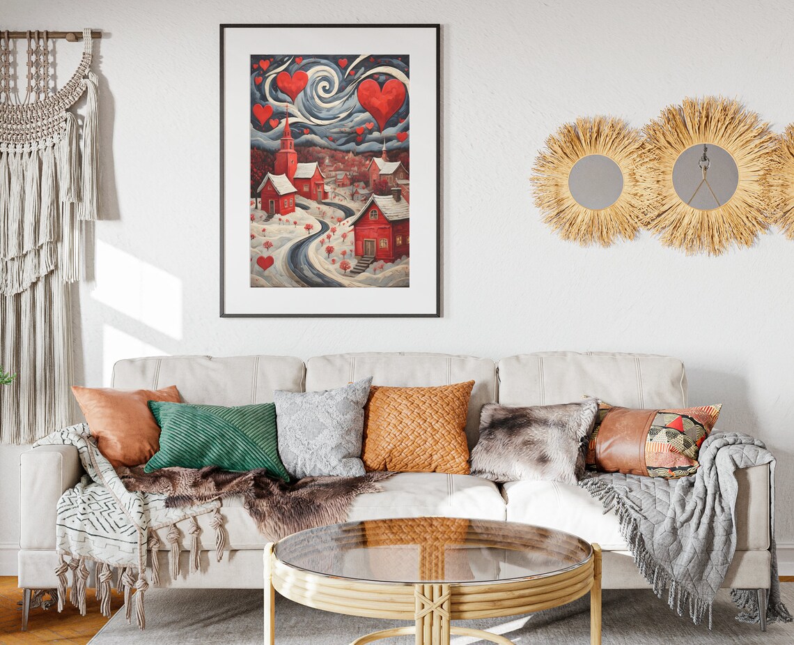 Valentines Starry Night Hearts Snowy Red Village Romantic Art Poster - Image 2