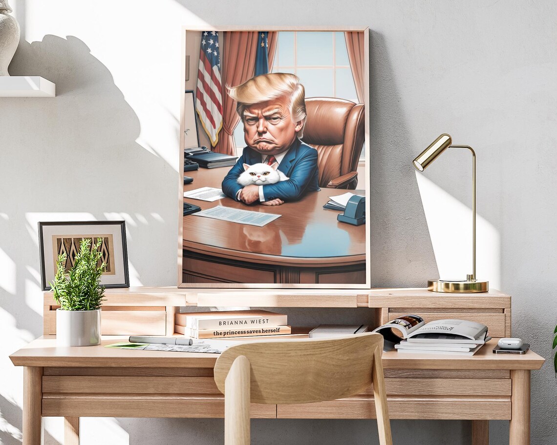 Donald Trump Caricature With White Cat Oval Office Art Poster - Image 4