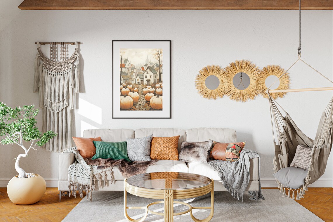 Vintage Harvest Village Street With Cream Pumpkins Autumn Wall Art Poster - Image 2