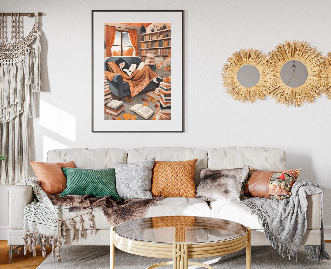 Fall Bookworm Abstract Folk Art Woman Reading Art Print - Image 2