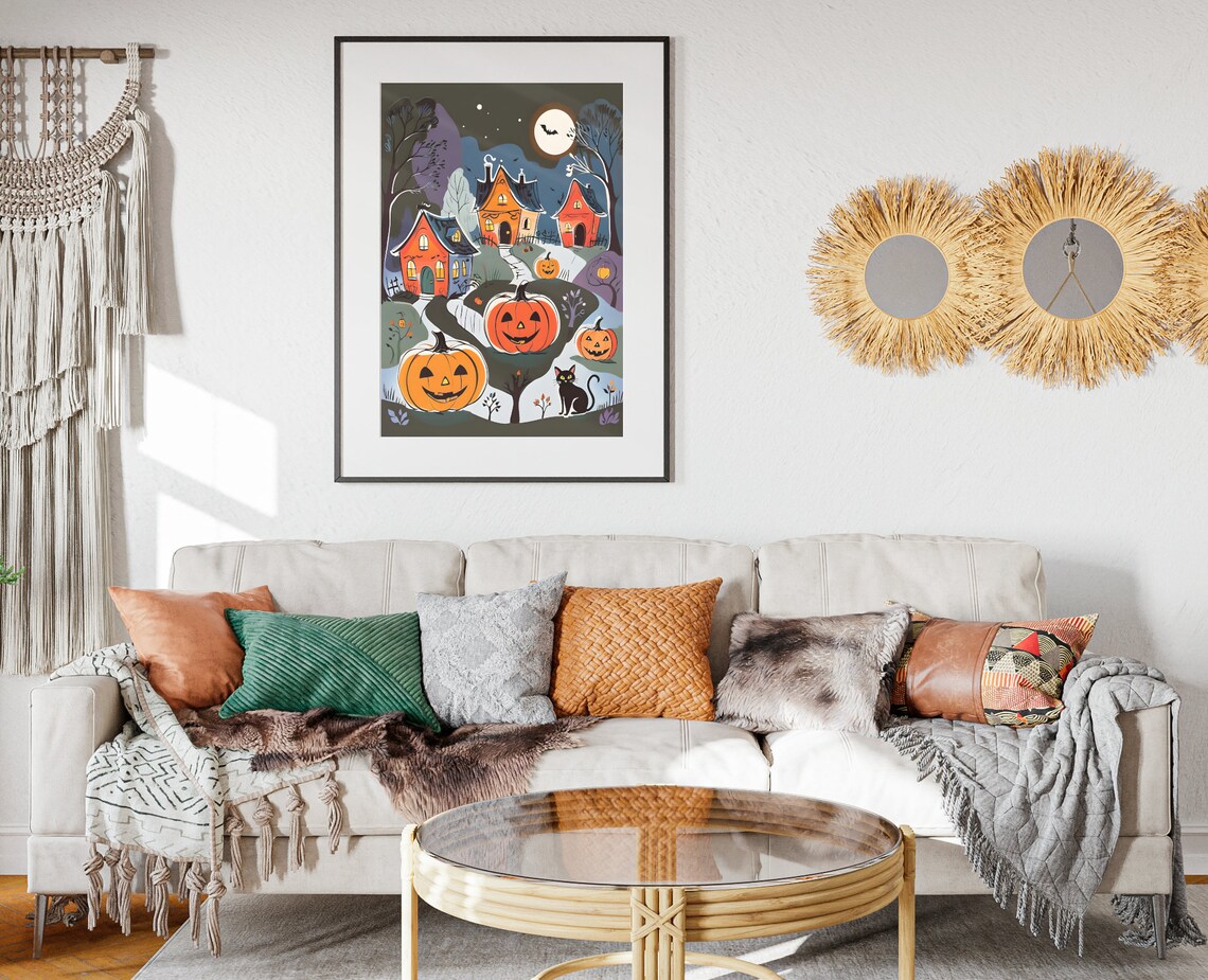Halloween Village Jack O Lanterns Black Cat Moonlit Night Poster - Image 2