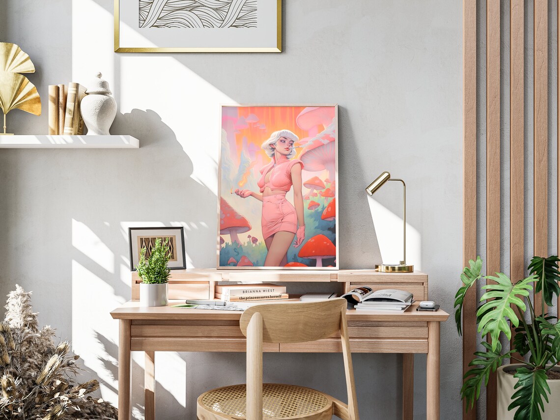 Retro Blonde Pin Up Girl Pink Outfit Giant Mushrooms Dreamy Art Poster - Image 3