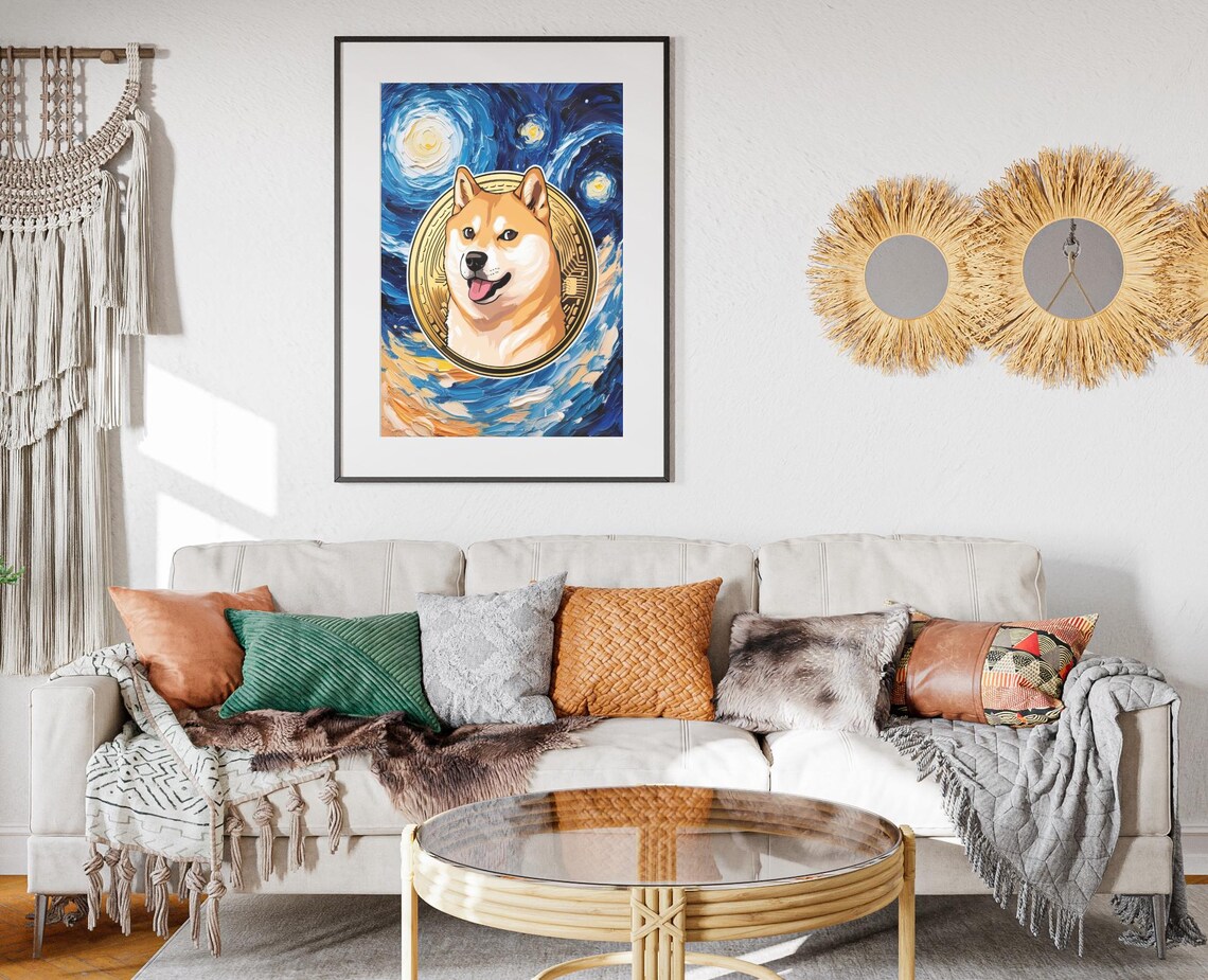 Dogecoin Shiba Inu Gold Coin Starry Night Swirl Crypto Meme Wall Art Poster - Image 2