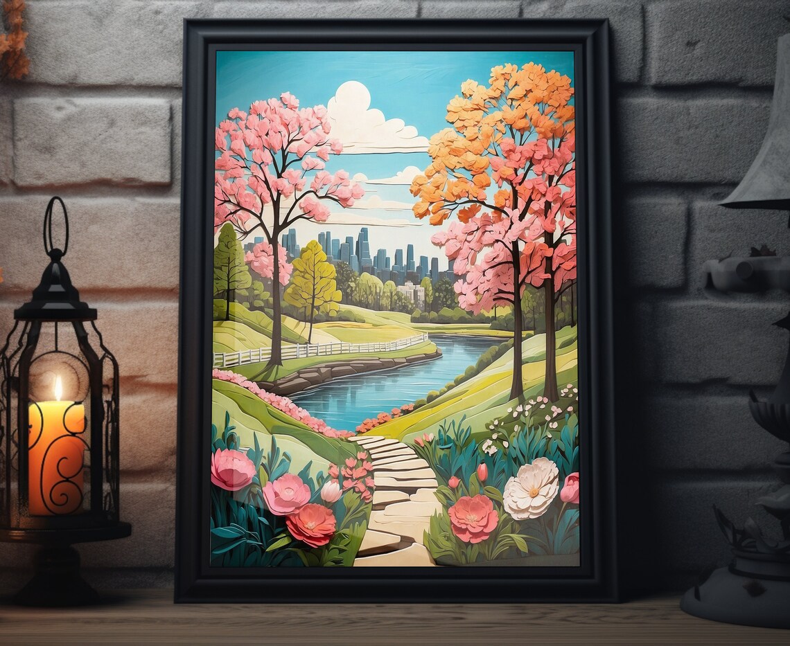 Spring Lakeview Blossom Trees River City Skyline 3D Floral Poster