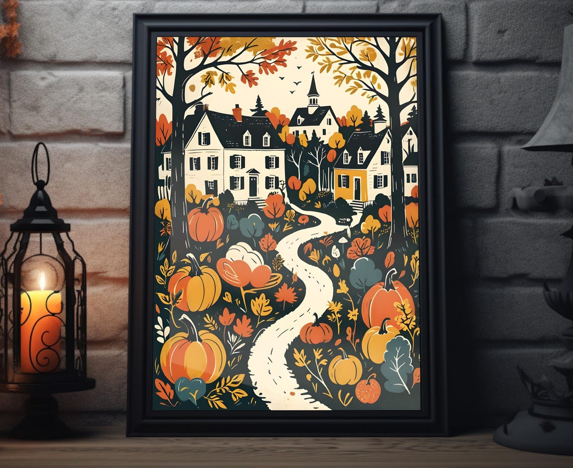 Autumn Pumpkin Town Woodcut Fall Foliage Winding Path Art Print