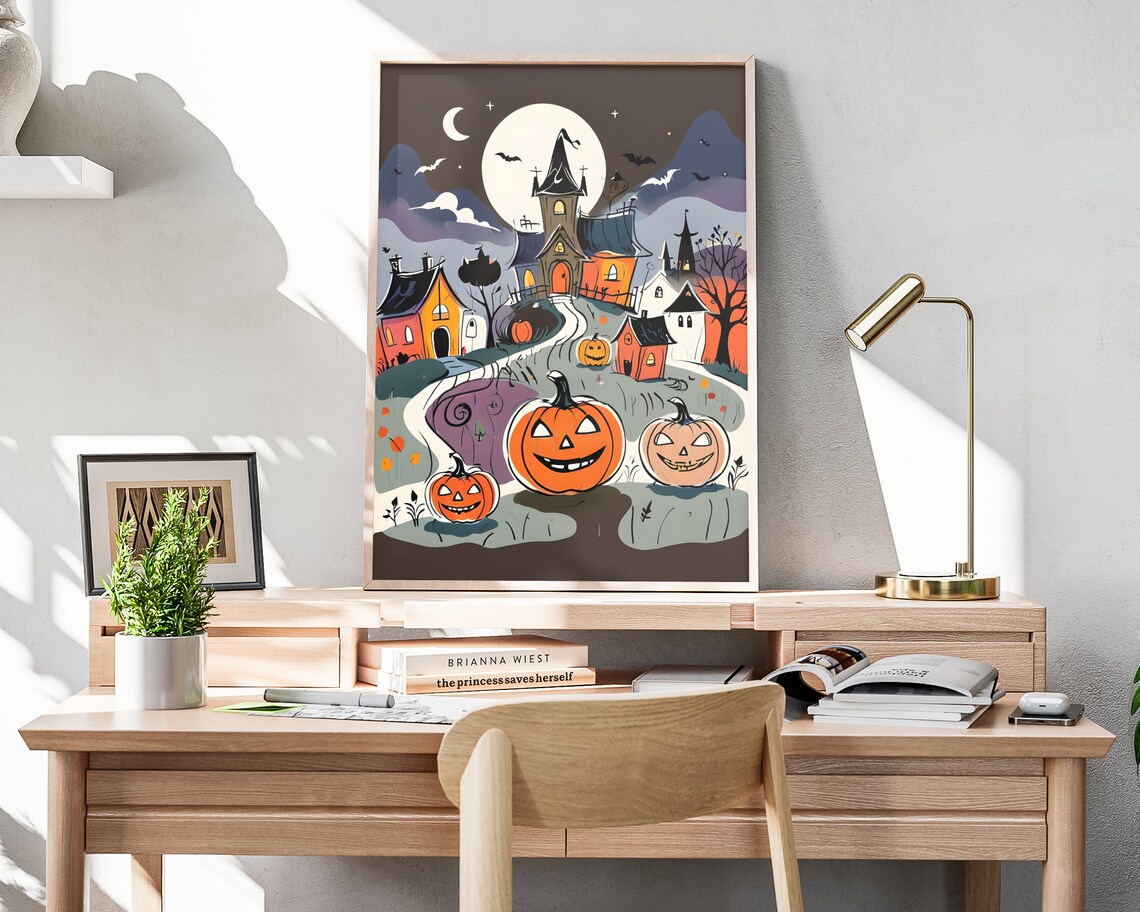 Halloween Castle Village Giant Pumpkins Crescent Moon Art Poster - Image 4
