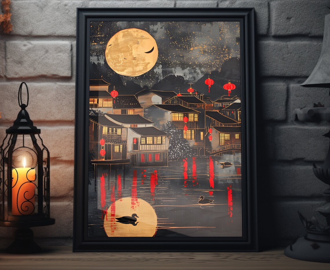 Chinese Red Lanterns Full Moon Riverside Town Night Art Poster