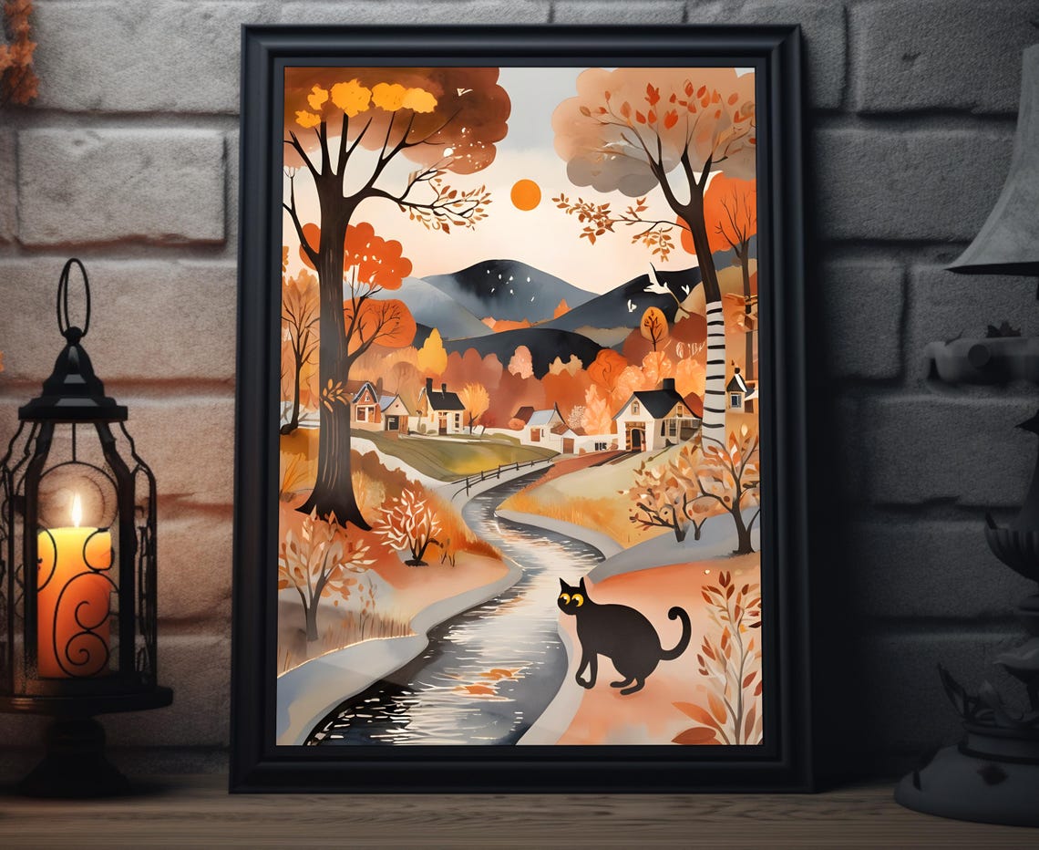 Black Cat Walking By Autumn Stream Orange Fall Folk Art Poster