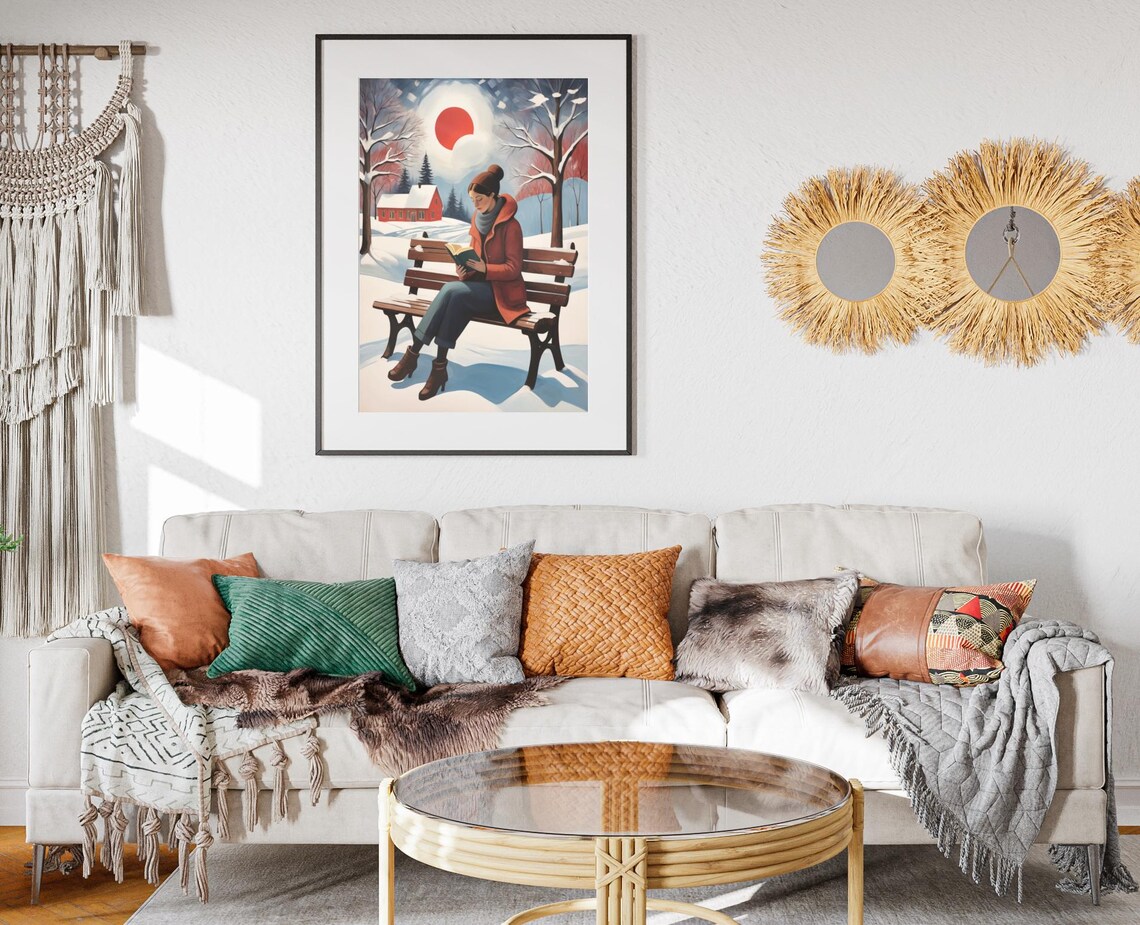 Winter Book Lover Woman Reading on Snowy Bench Cozy Folk Art Poster - Image 2