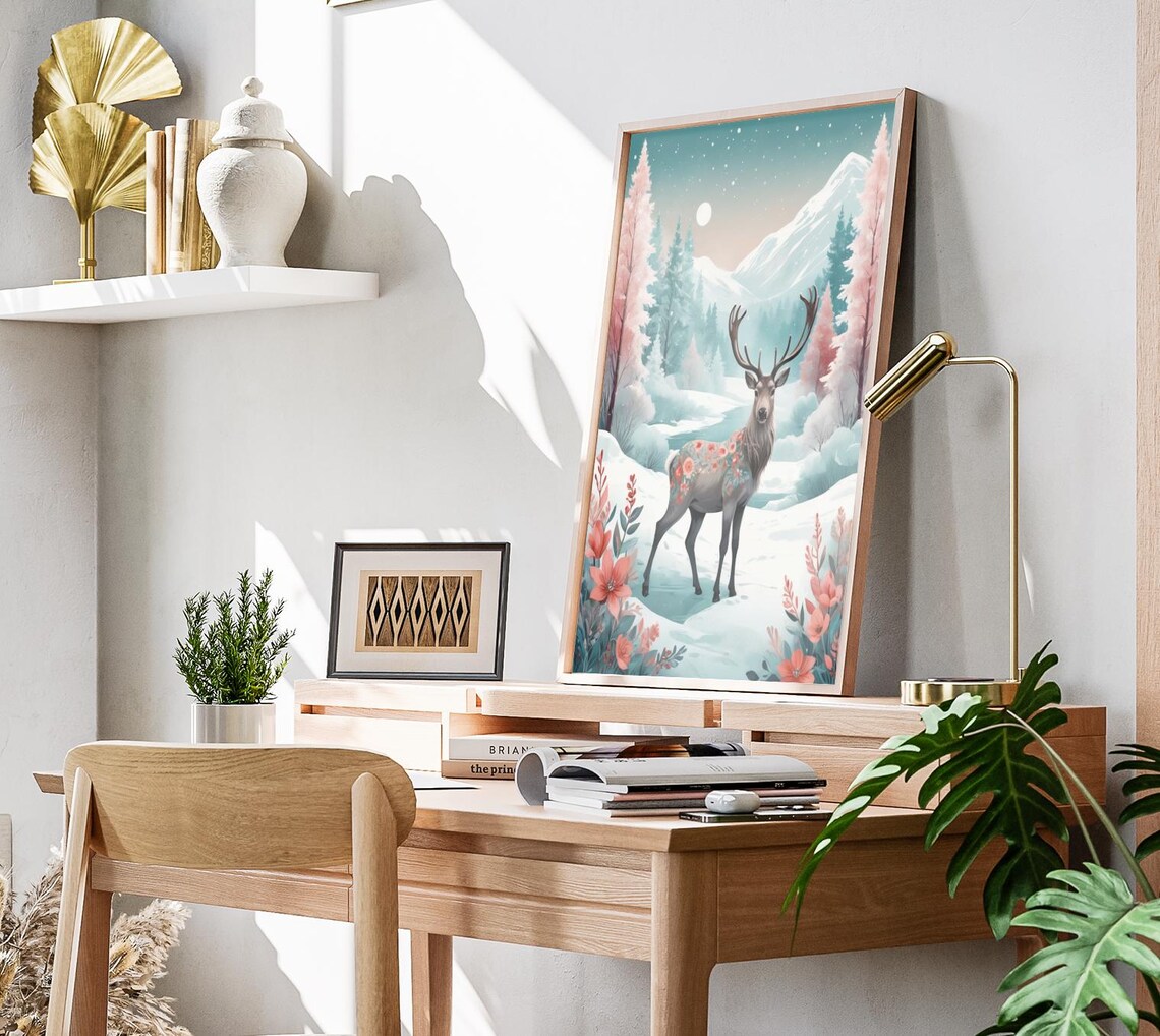 Floral Deer In Pastel Snowy Forest Winter Wonderland Art Poster - Image 3