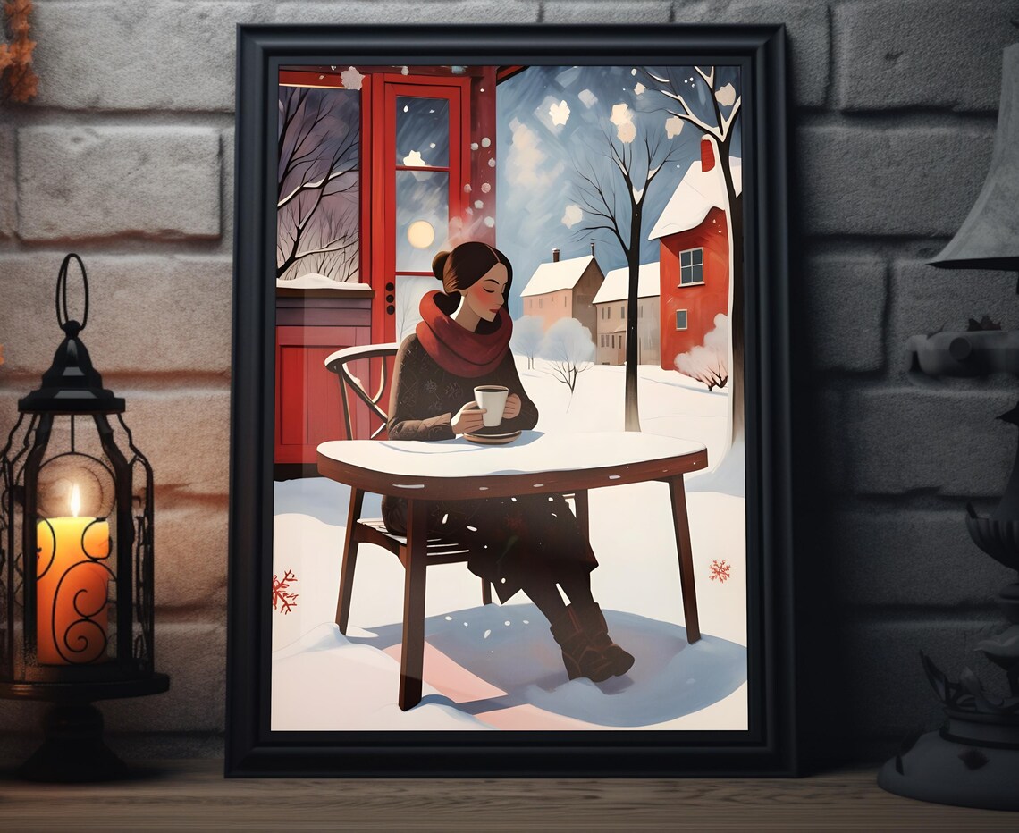Woman Drinking Coffee Red Scarf Snowy Cafe Winter Scene Poster