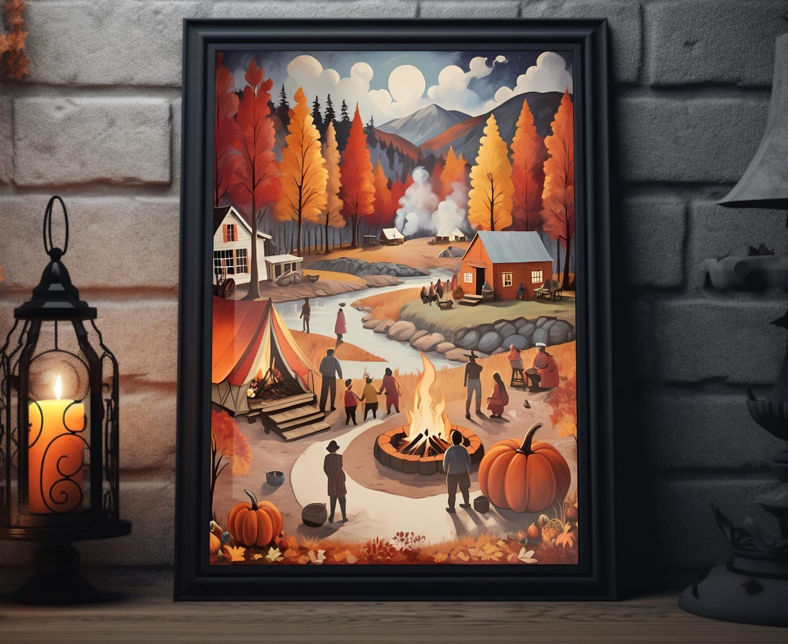 Campfire Gathering Autumn Camp Fall Trees Outdoor Scene Poster