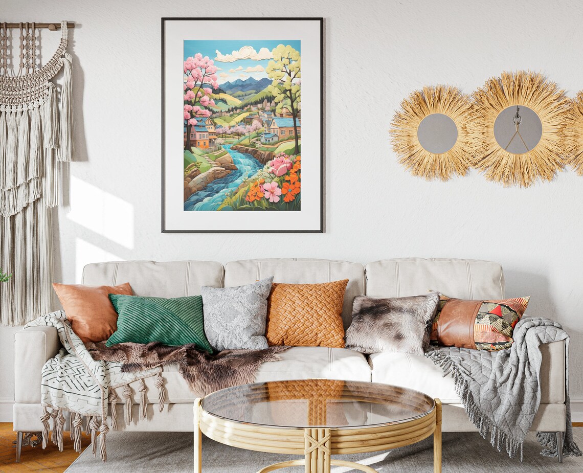 Spring River Village Blossom Tree Flowers 3D Paper Cut Art Poster - Image 2