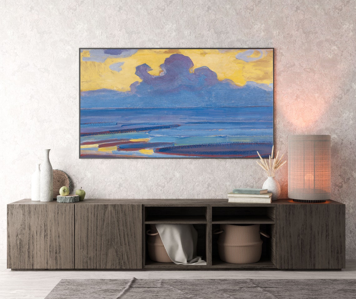 Mondrian Yellow Sky and Purple Clouds Over Deep Blue Sea Poster - Image 3