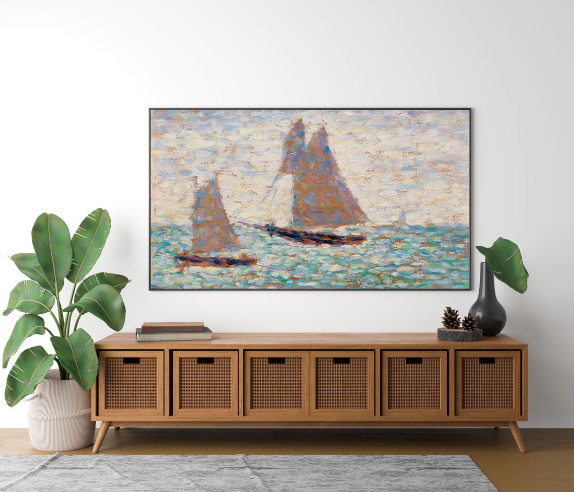 Pointillist Sailboats on a Sparkling Sea Vintage Painting Poster - Image 4