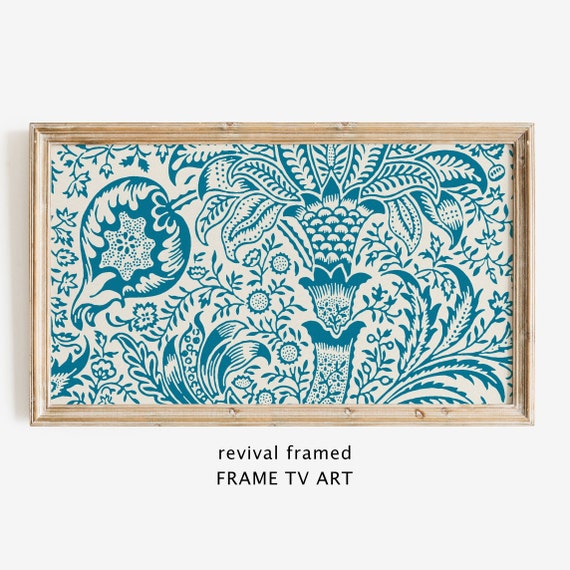 Vintage Pattern Frame Tv Art Abstract Antique Artwork In Blue White Geometric Minimalist Home Decor Large Art