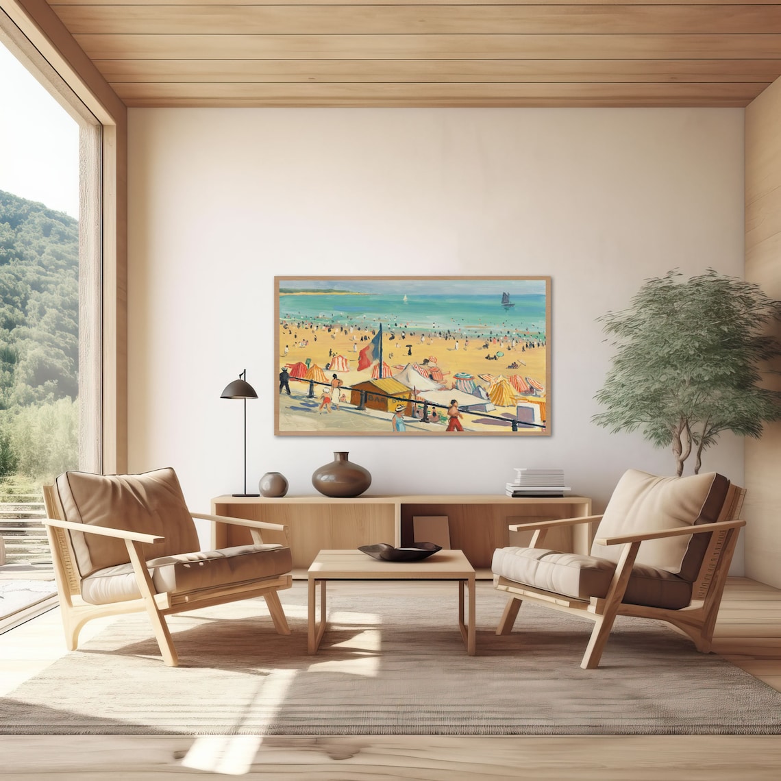 1920s Art Deco Crowded Beach Painting with Striped Tents and Sailboats Poster - Image 3