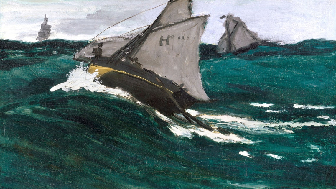 Sailboat on Rough Teal Sea Vintage Impressionist Oil Painting Poster - Image 2