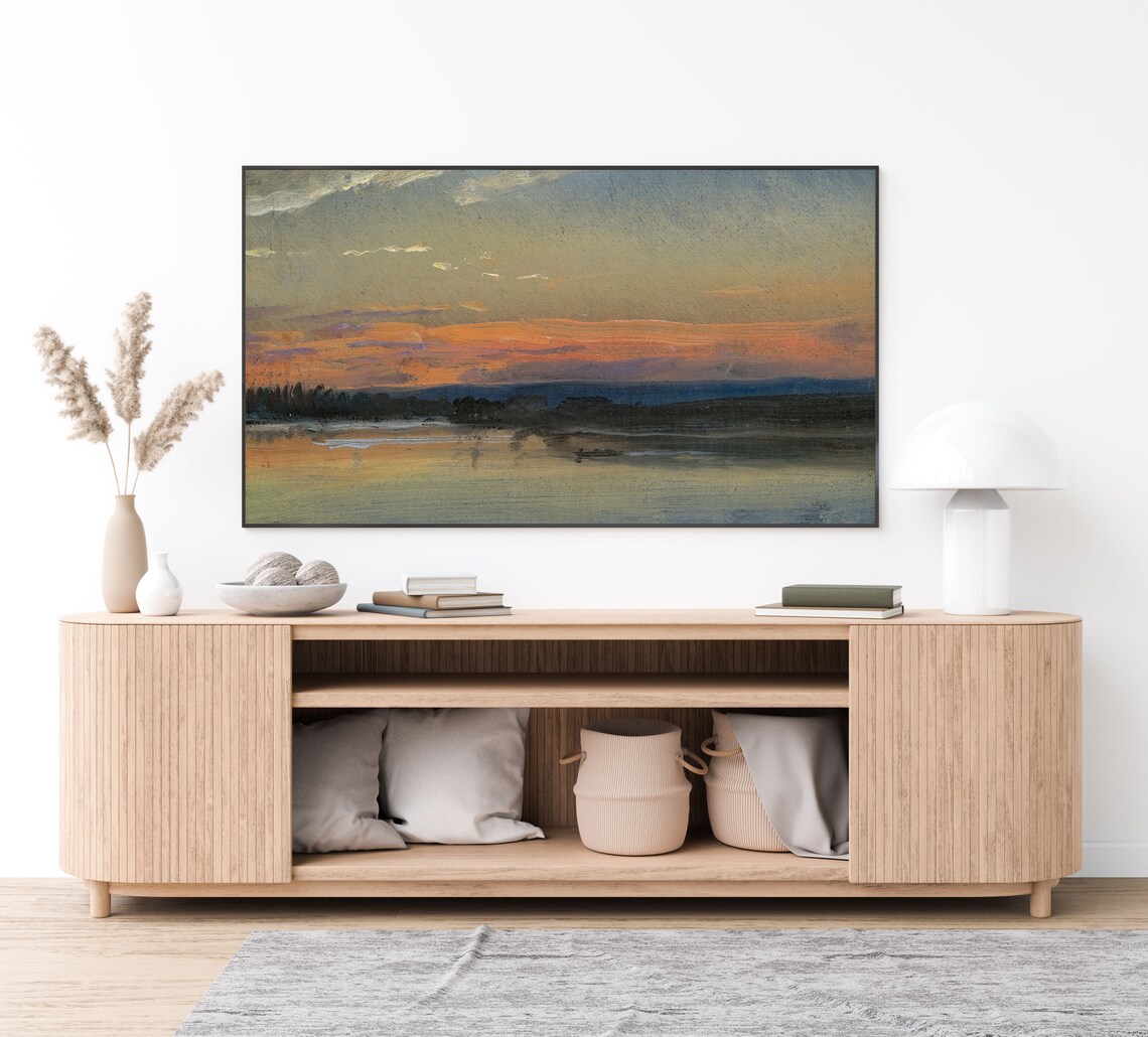 Golden Orange Sunset over Calm River Vintage Evening Skyscape Style Wall Art - Image 4