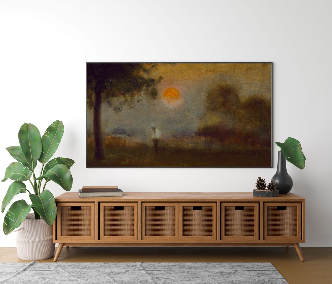 Misty Moonrise Field Lone Figure Moody Tonalist Night Landscape Poster - Image 4