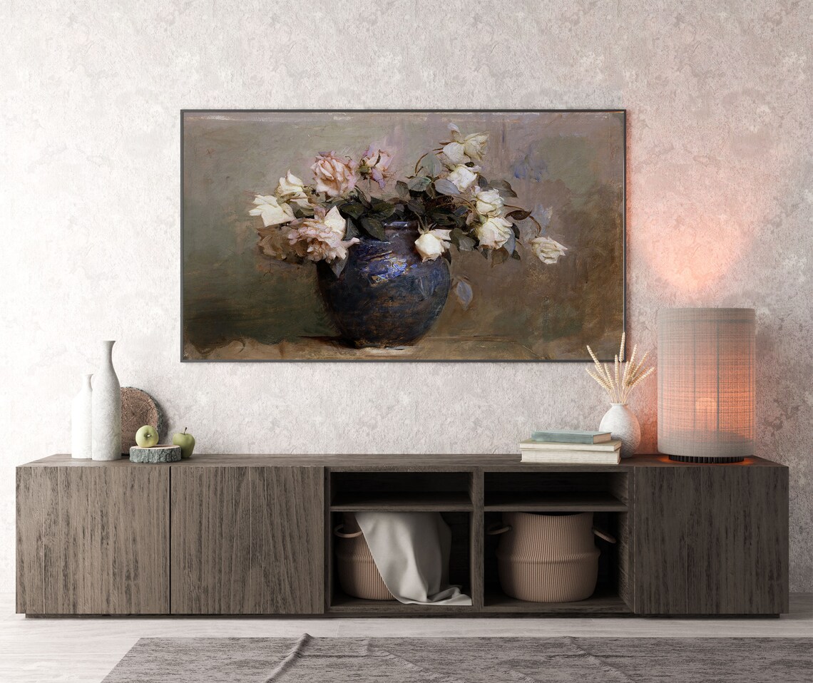 White Roses in Blue Vase Vintage Floral Still Life Oil Painting Poster - Image 2
