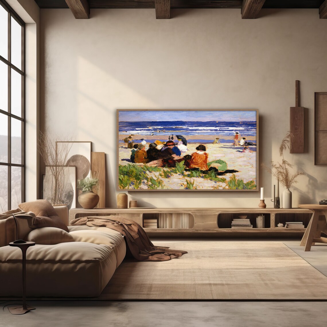 Vintage Beach Scene Painting with Bathers and Deep Blue Ocean Waves Poster - Image 4