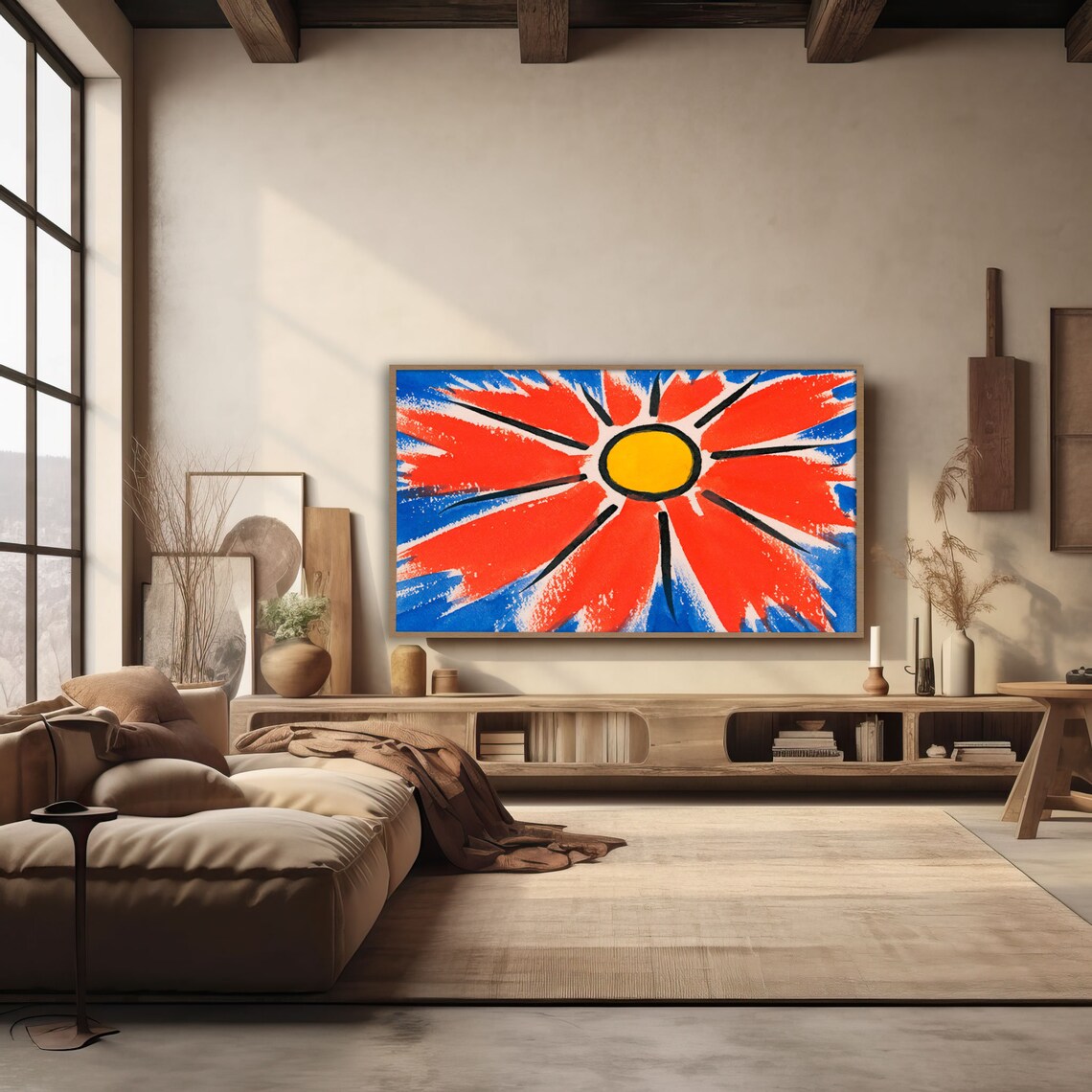Bold Abstract Red Flower Sunburst Painting on Blue Fauvist Style Poster - Image 4