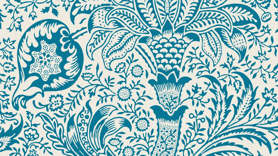 Elegant Blue Botanical Damask Pattern Arts and Crafts Style Poster - Image 2