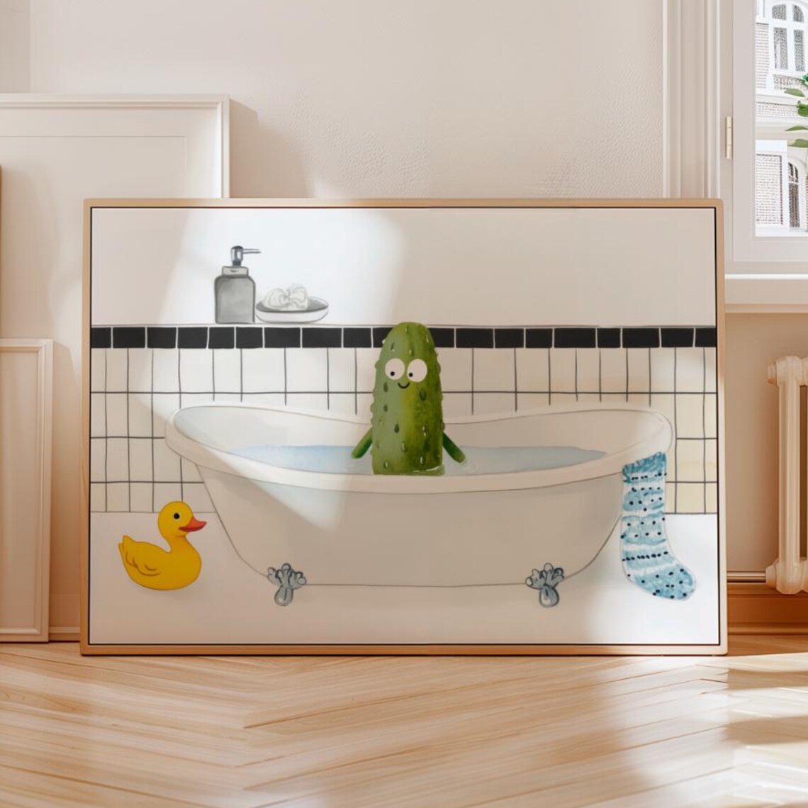 Whimsical Pickle Bubble Bath, Bathroom Art Print