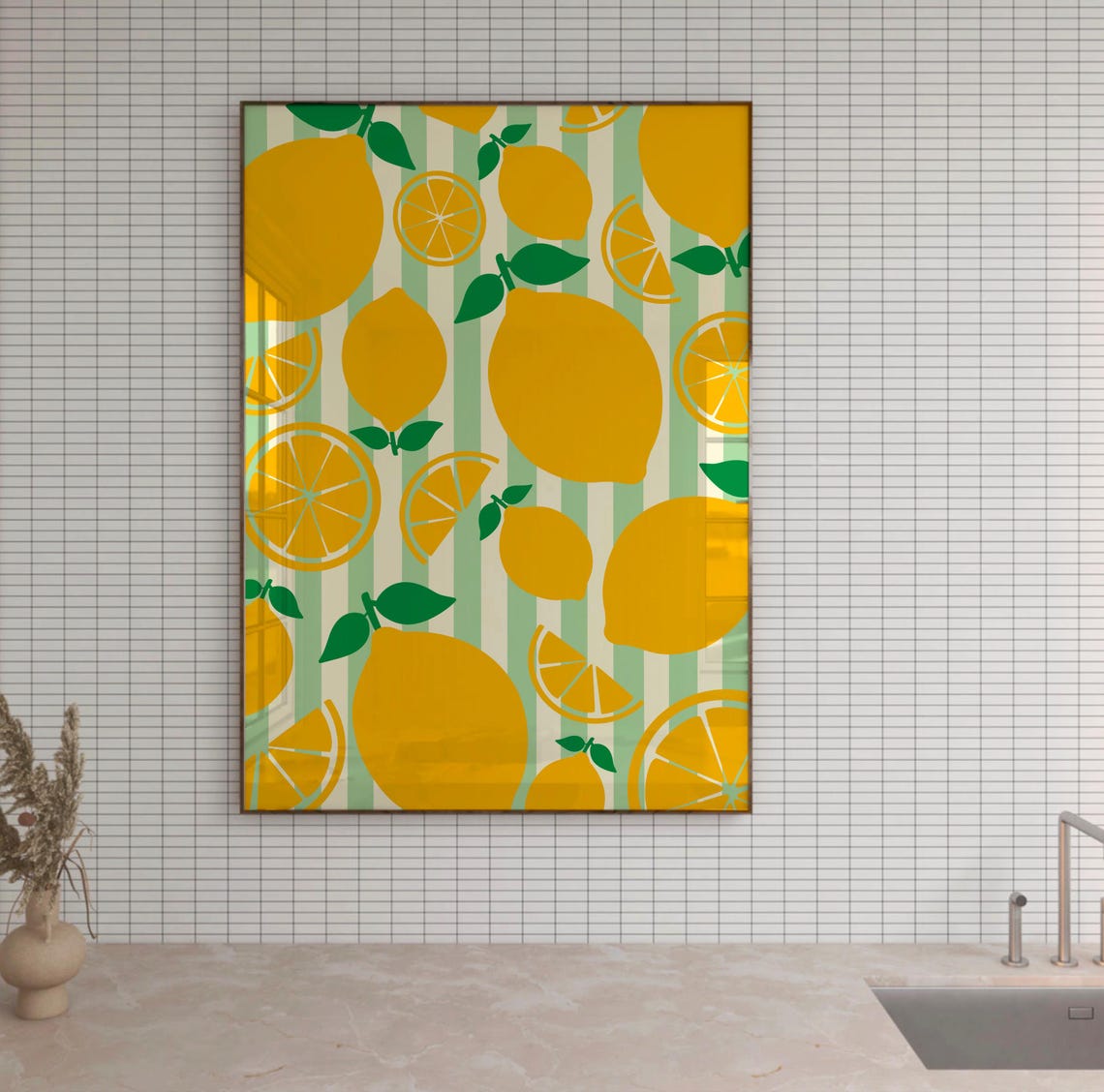 Lemon Slices Pattern Green Striped Citrus Kitchen Wall Poster
